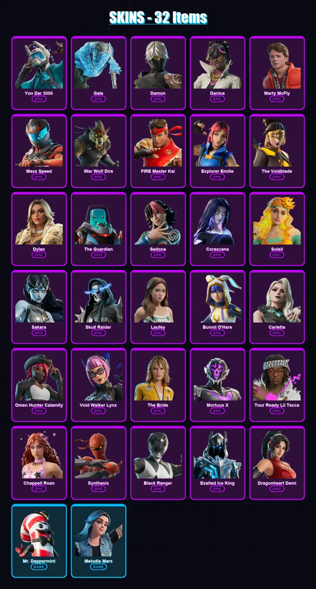 [PC/PSN] | Yon Dar 3000 | Gale | Damon | Danica | Marty McFly | 32 skin | 27 pickaxe | 13 emote | 15 glider | Lv71