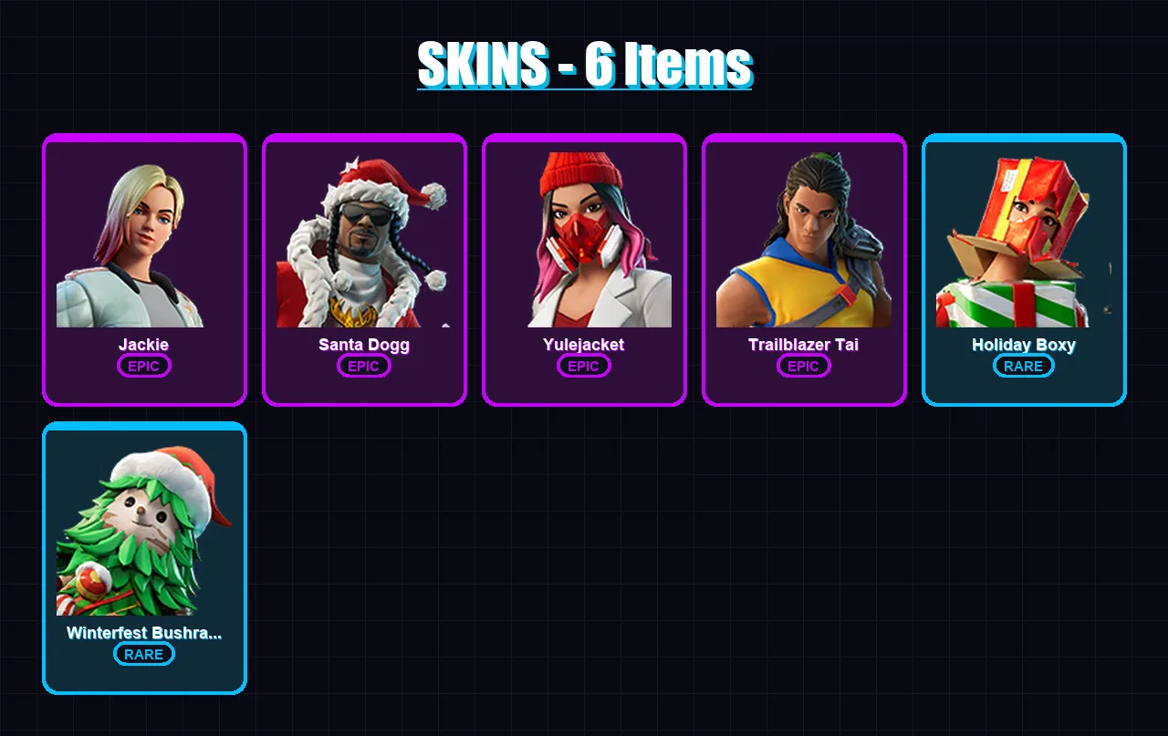[PC/XBOX/PSN] | Jackie | Santa Dogg | Yulejacket | Trailblazer Tai | Holiday Boxy | 6 skin | 11 pickaxe | 7 emote | 10 glider | Lv208