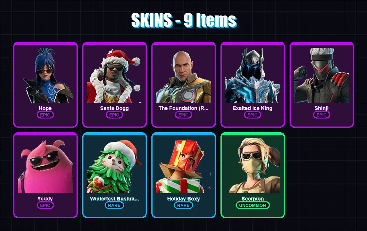 [PS4/PS5/XBOX/PC] | Hope | Santa Dogg | The Foundation (Reforged) | Exalted Ice King | Shinji | 9 skin | 27 pickaxe | 11 emote | 17 glider | Lv132