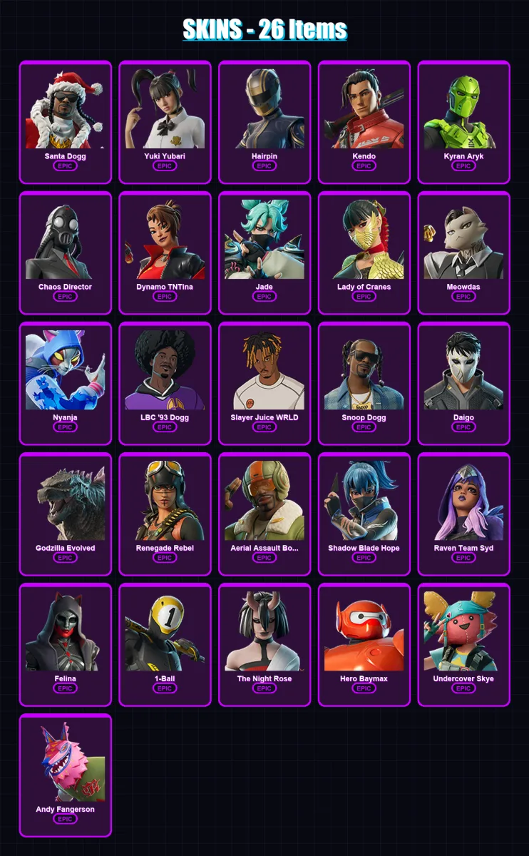 [PC/XBOX/PSN] | Santa Dogg | Yuki Yubari | Hairpin | Kendo | Kyran Aryk | 26 skin | 40 pickaxe | 25 emote | 25 glider | Lv237