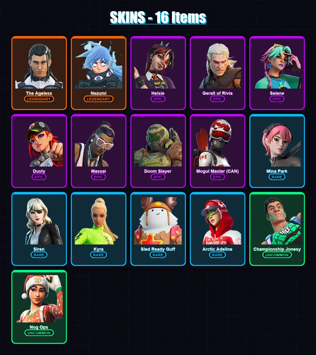 [PC/PSN] | The Ageless | Nezumi | Helsie | Geralt of Rivia | Selene | 16 skin | 23 pickaxe | 20 emote | 23 glider | Lv469