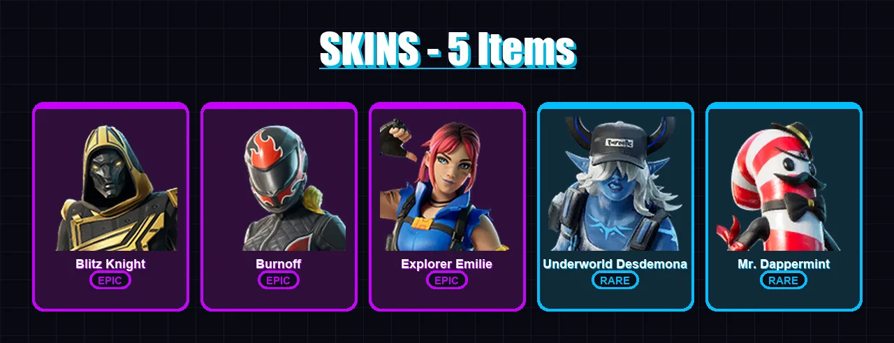 [PC/XBOX] | Blitz Knight | Burnoff | Explorer Emilie | Underworld Desdemona | Mr. Dappermint | 5 skin | 22 pickaxe | 7 emote | 19 glider | Lv286