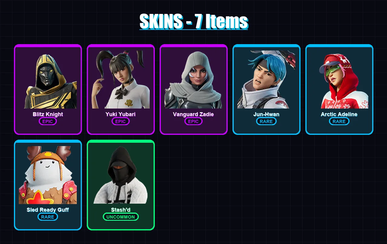 [PS4/PS5/PC] | Blitz Knight | Yuki Yubari | Vanguard Zadie | Jun-Hwan | Arctic Adeline | 7 skin | 39 pickaxe | 13 emote | 24 glider | Lv214