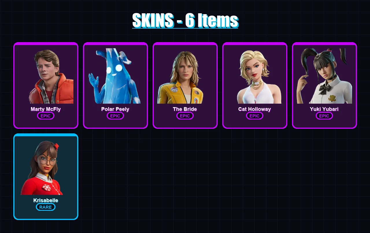 [PC/PSN] | Marty McFly | Polar Peely | The Bride | Cat Holloway | Yuki Yubari | 6 skin | 22 pickaxe | 20 emote | 22 glider | Lv275