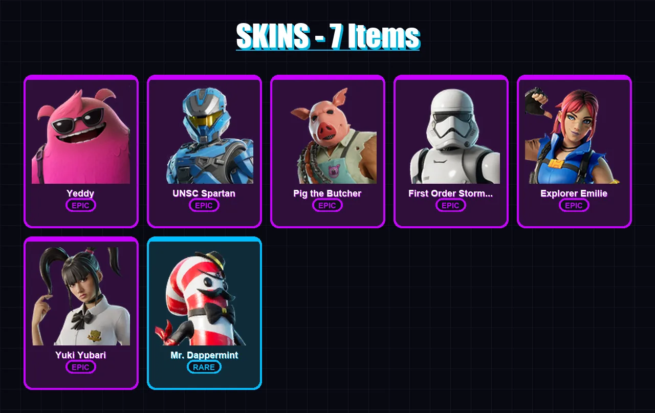 [PC/PSN] | Yeddy | UNSC Spartan | Pig the Butcher | First Order Stormtrooper | Explorer Emilie | 7 skin | 33 pickaxe | 17 emote | 26 glider | Lv488