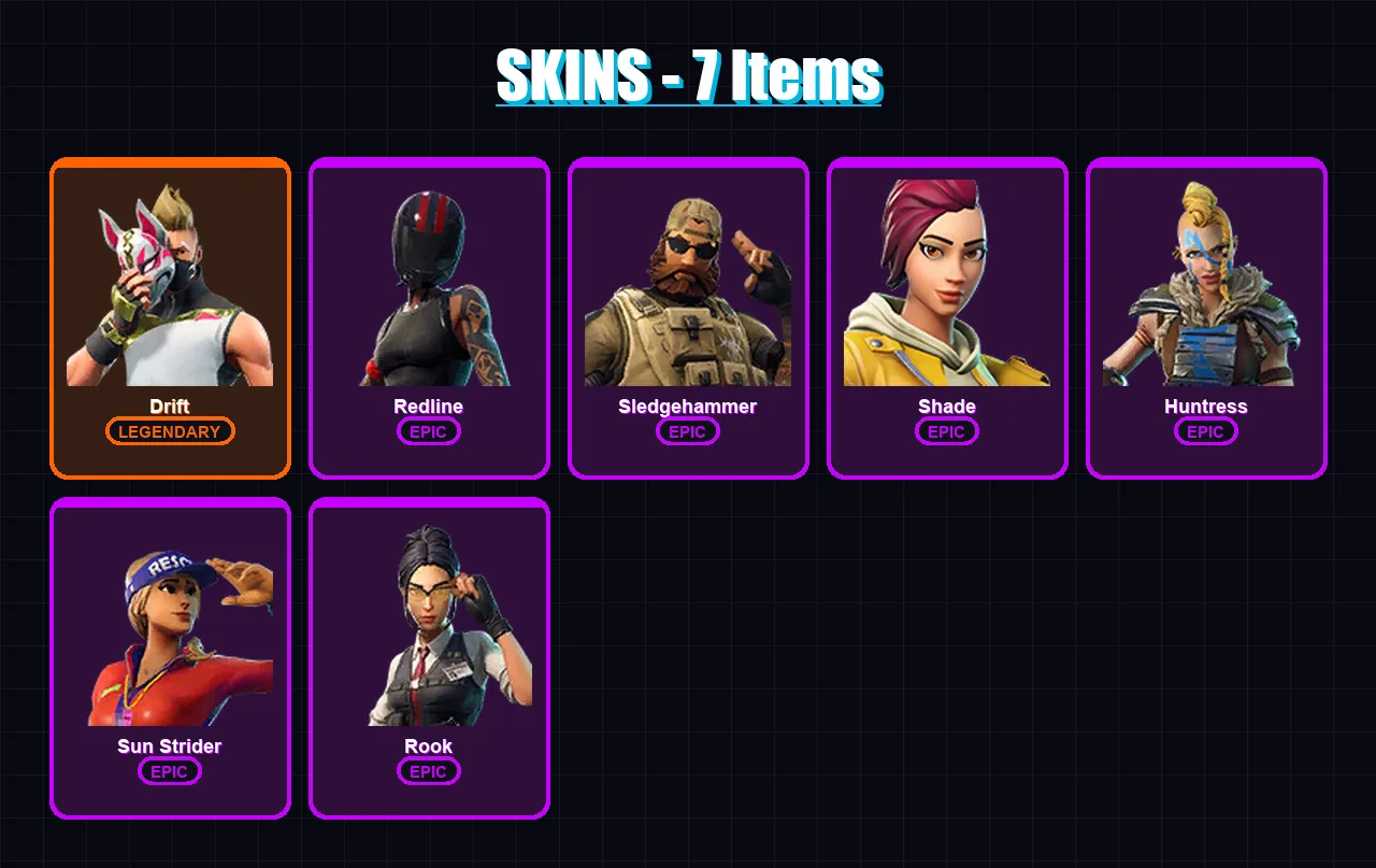 [PS4/PS5/XBOX/PC] | Drift | Redline | Sledgehammer | Shade | Huntress | 7 skin | 5 pickaxe | 9 emote | 7 glider | Lv72