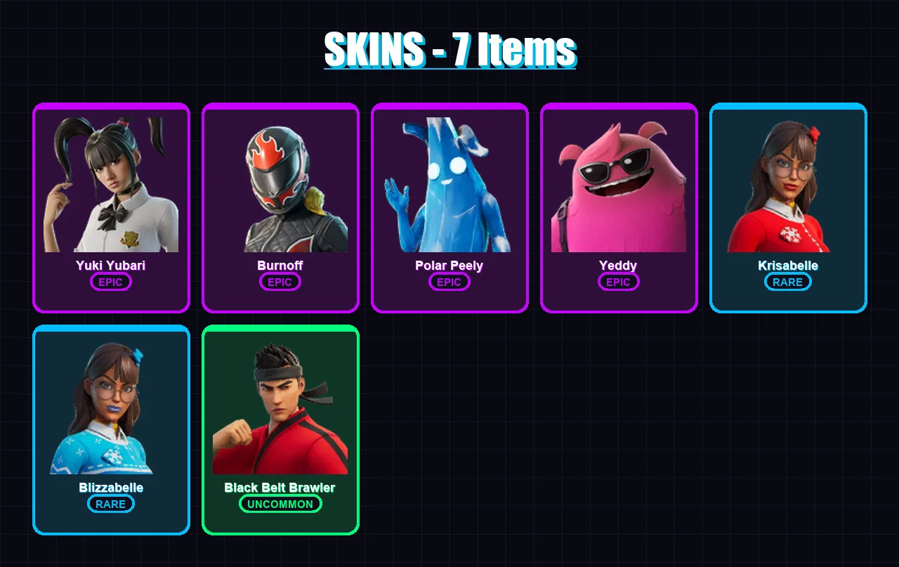 [PC/XBOX/PSN] | Yuki Yubari | Burnoff | Polar Peely | Yeddy | Krisabelle | 7 skin | 12 pickaxe | 8 emote | 7 glider | Lv58