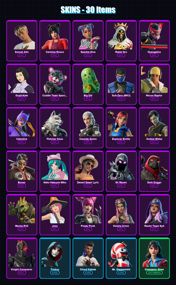[SWITCH/XBOX/PSN/PC] | Sunset Alto | Carmine Rosso | Sparkle Diva | Rebel Oro | Nyangelica | 30 skin | 43 pickaxe | 31 emote | 30 glider | Lv458