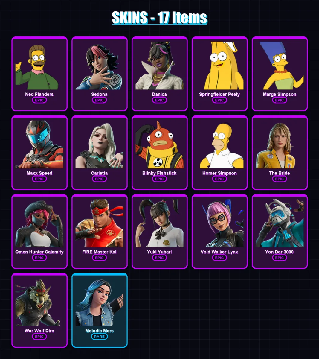 [PC/XBOX/PSN] | Ned Flanders | Sedona | Danica | Springfielder Peely | Marge Simpson | 17 skin | 16 pickaxe | 13 emote | 9 glider | Lv42