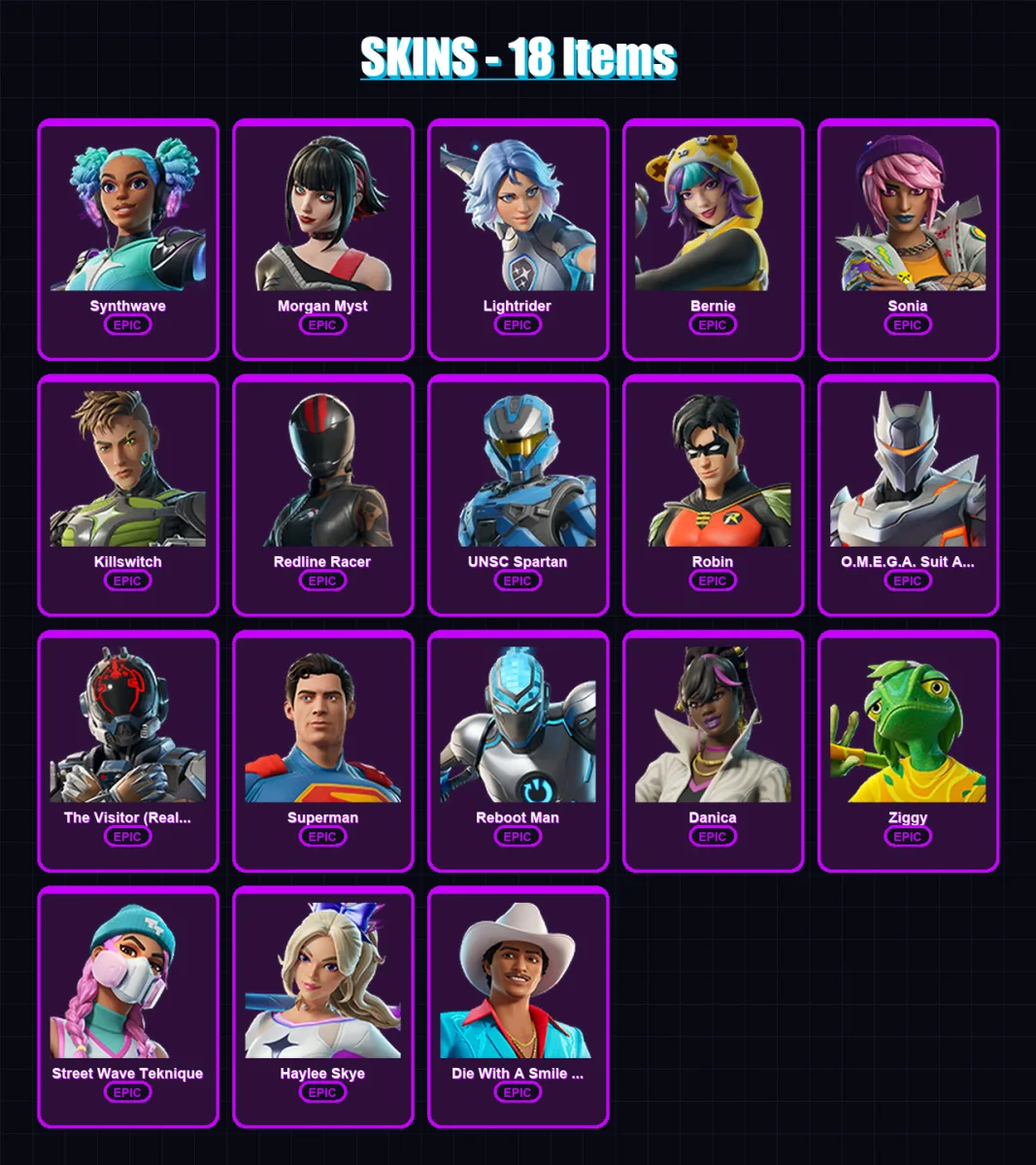 [PC/PSN] | Synthwave | Morgan Myst | Lightrider | Bernie | Sonia | 18 skin | 24 pickaxe | 17 emote | 16 glider | Lv120