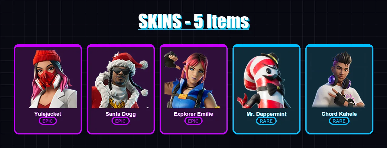 [PC/XBOX/PSN] | Yulejacket | Santa Dogg | Explorer Emilie | Mr. Dappermint | Chord Kahele | 5 skin | 14 pickaxe | 6 emote | 10 glider | Lv67