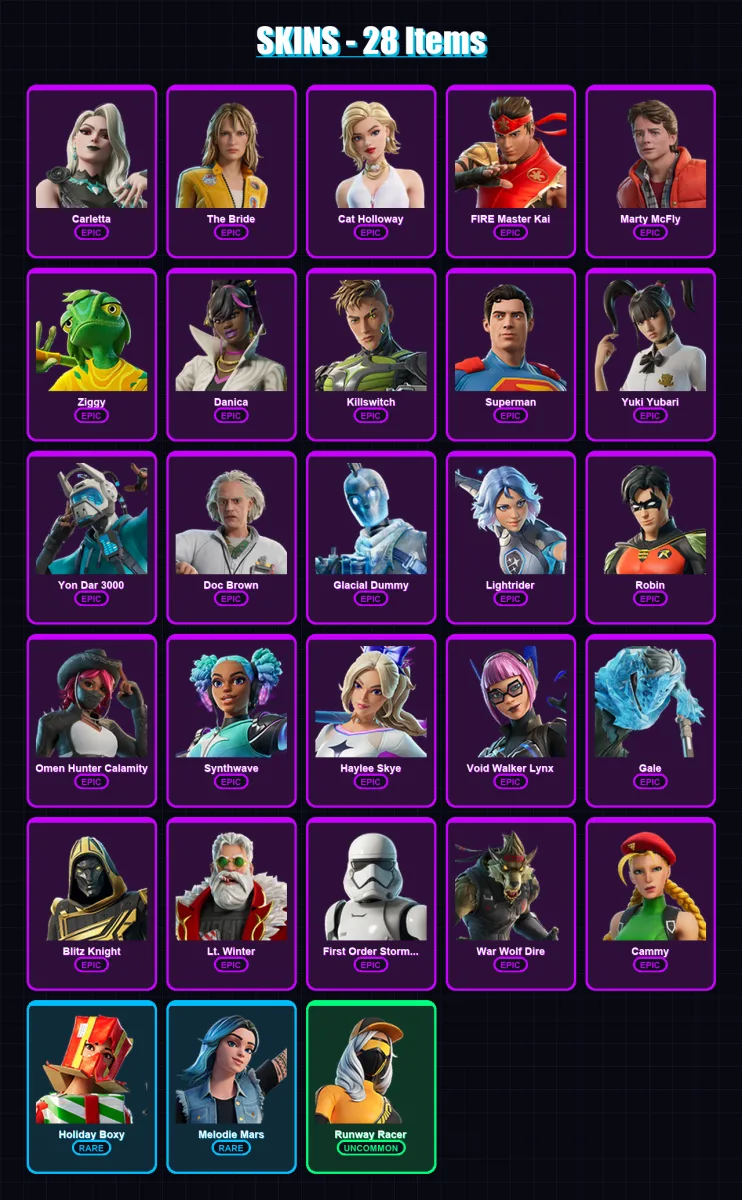 [PC/XBOX/PSN] | Carletta | The Bride | Cat Holloway | FIRE Master Kai | Marty McFly | 28 skin | 47 pickaxe | 39 emote | 31 glider | Lv341