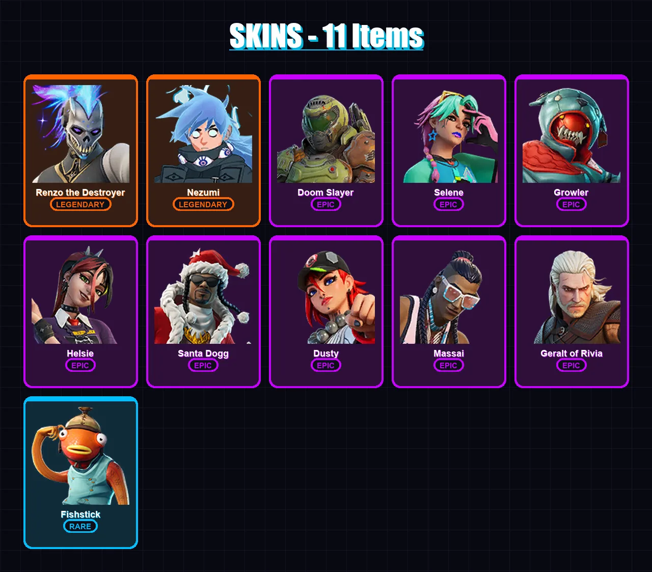 [PC/XBOX/PSN] | Renzo the Destroyer | Nezumi | Doom Slayer | Selene | Growler | 11 skin | 23 pickaxe | 18 emote | 23 glider | Lv241
