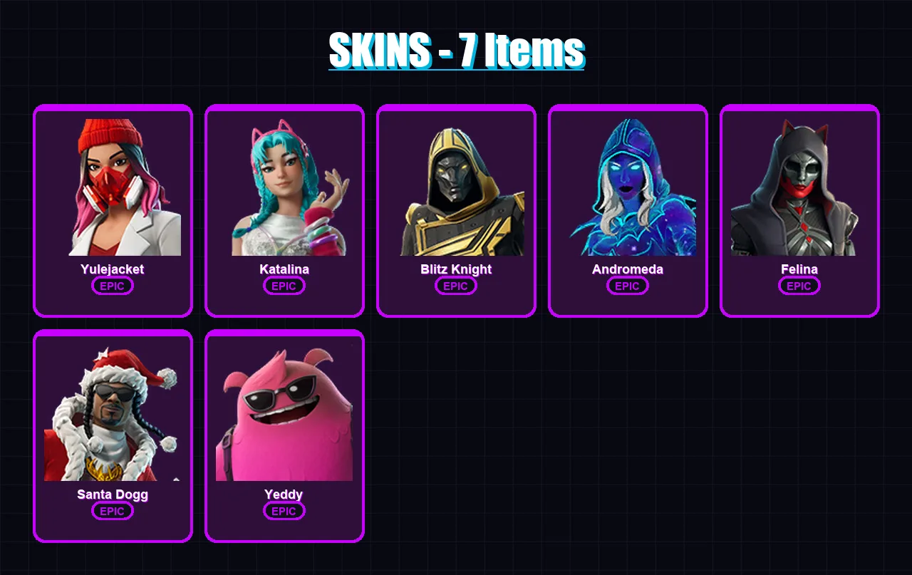 [PC/XBOX/PSN] | Yulejacket | Katalina | Blitz Knight | Andromeda | Felina | 7 skin | 32 pickaxe | 8 emote | 17 glider | Lv300