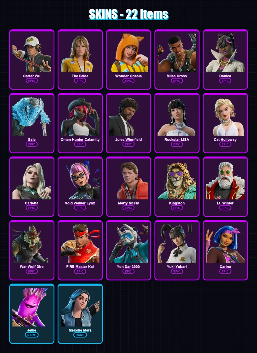 [PC/XBOX/PSN] | Carter Wu | The Bride | Wonder Onesie | Miles Cross | Danica | 22 skin | 32 pickaxe | 25 emote | 21 glider | Lv173