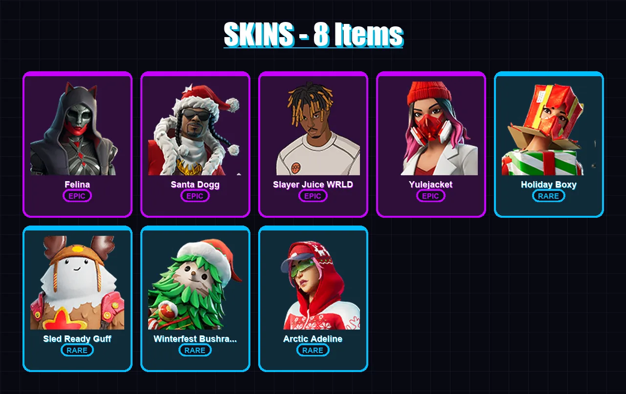[PC/PSN] | Felina | Santa Dogg | Slayer Juice WRLD | Yulejacket | Holiday Boxy | 8 skin | 49 pickaxe | 34 emote | 44 glider | Lv746