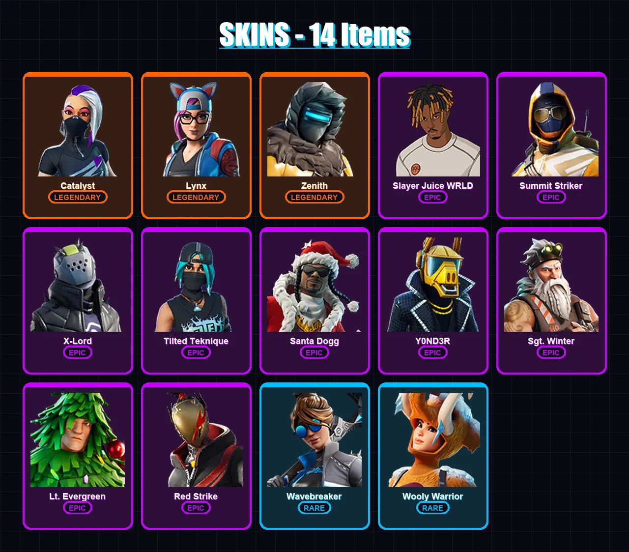 [PC/PSN] | Catalyst | Lynx | Zenith | Slayer Juice WRLD | Summit Striker | 14 skin | 30 pickaxe | 30 emote | 34 glider | Lv445