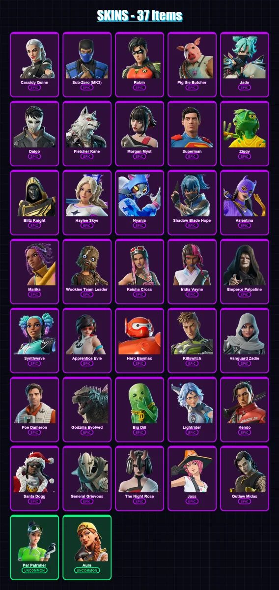 [PC/XBOX/PSN] | Cassidy Quinn | Sub-Zero (MK3) | Robin | Pig the Butcher | Jade | 37 skin | 66 pickaxe | 45 emote | 47 glider | Lv967