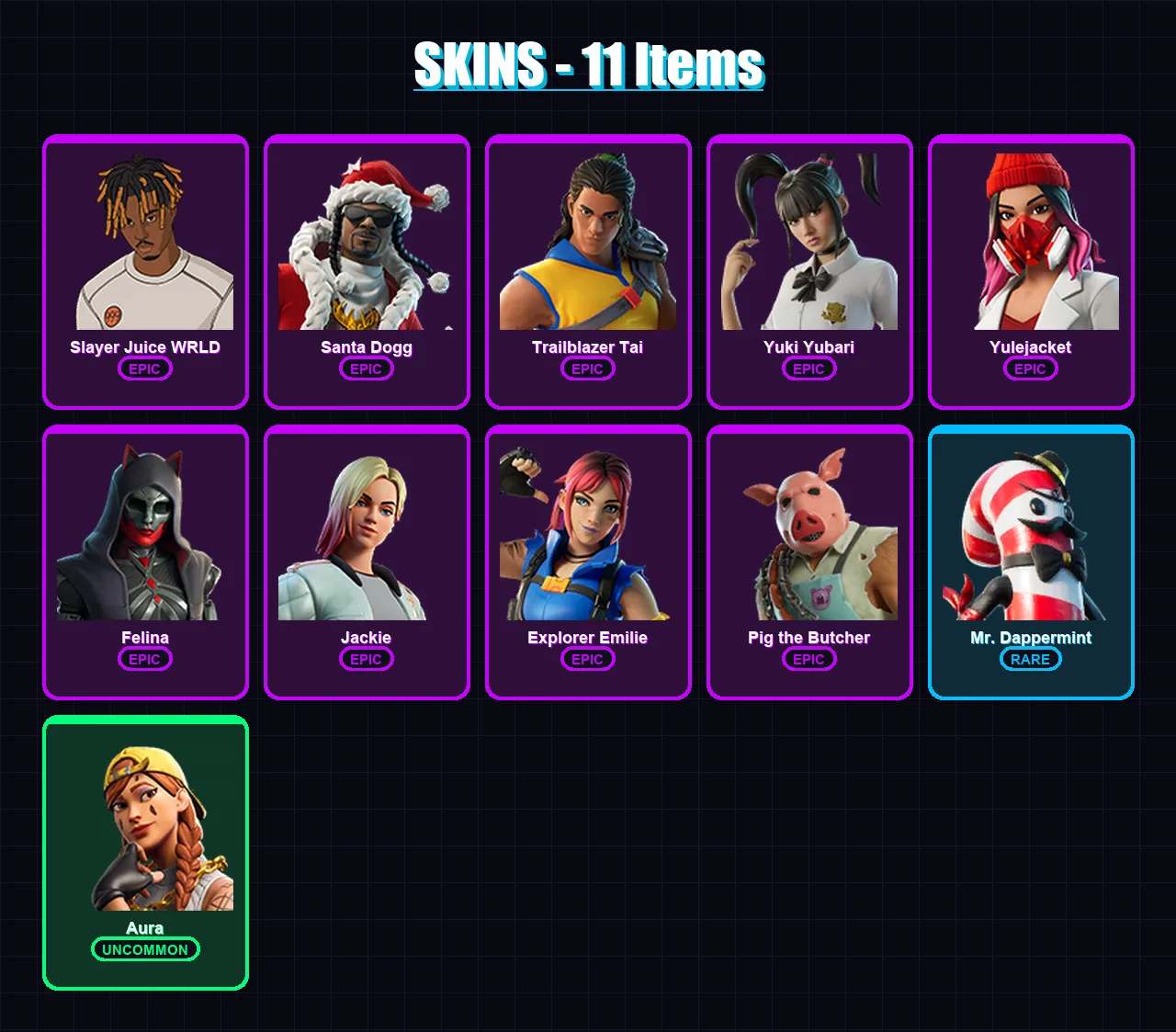 [PC/XBOX/PSN] | Slayer Juice WRLD | Santa Dogg | Trailblazer Tai | Yuki Yubari | Yulejacket | 11 skin | 66 pickaxe | 28 emote | 45 glider | Lv1034