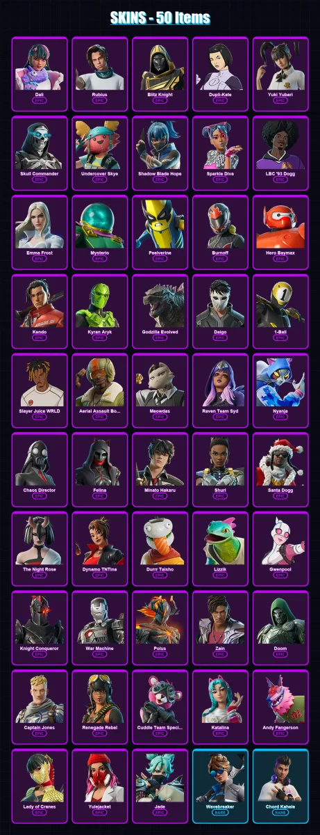 [PC/XBOX/PSN] | Dali | Rubius | Blitz Knight | Dupli-Kate | Yuki Yubari | 50 skin | 87 pickaxe | 55 emote | 50 glider | Lv736