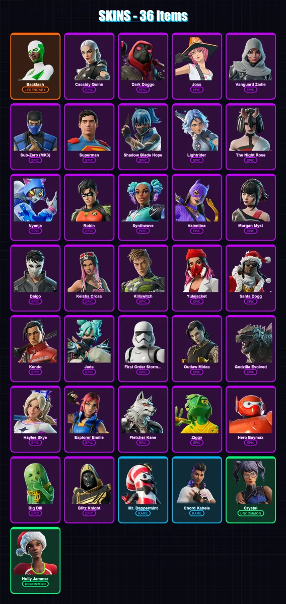 [PC/XBOX/PSN] | Backlash | Cassidy Quinn | Dark Doggo | Joss | Vanguard Zadie | 36 skin | 89 pickaxe | 48 emote | 57 glider | Lv1110