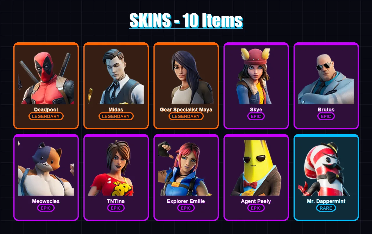 [SWITCH/XBOX/PSN/PC] | Deadpool | Midas | Gear Specialist Maya | Skye | Brutus | 10 skin | 8 pickaxe | 18 emote | 11 glider | Lv148