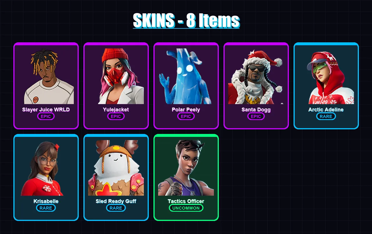 [PC/XBOX/PSN] | Slayer Juice WRLD | Yulejacket | Polar Peely | Santa Dogg | Arctic Adeline | 8 skin | 43 pickaxe | 23 emote | 34 glider | Lv519