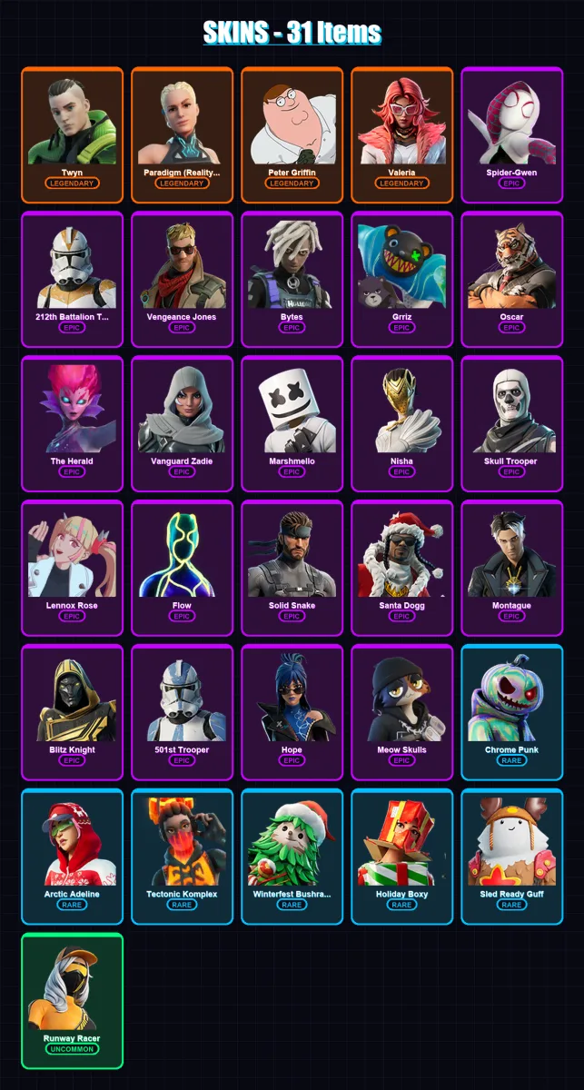 [SWITCH/XBOX/PSN/PC] | Twyn | Paradigm (Reality-659) | Peter Griffin | Valeria | Spider-Gwen | 31 skin | 89 pickaxe | 59 emote | 66 glider | Lv1604