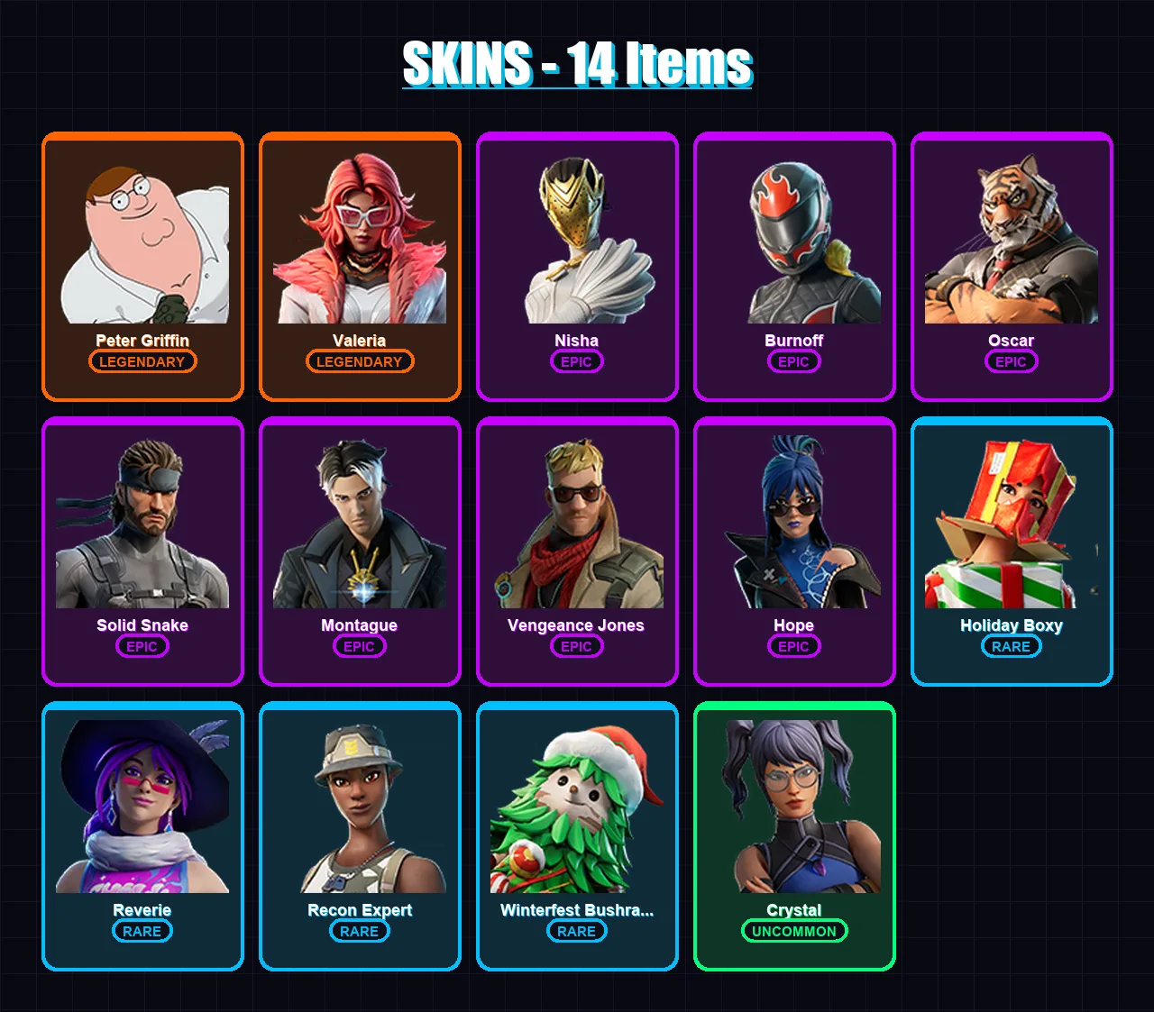 [PC/XBOX] | Peter Griffin | Valeria | Nisha | Burnoff | Oscar | 14 skin | 20 pickaxe | 16 emote | 18 glider | Lv242 — Fortnite account