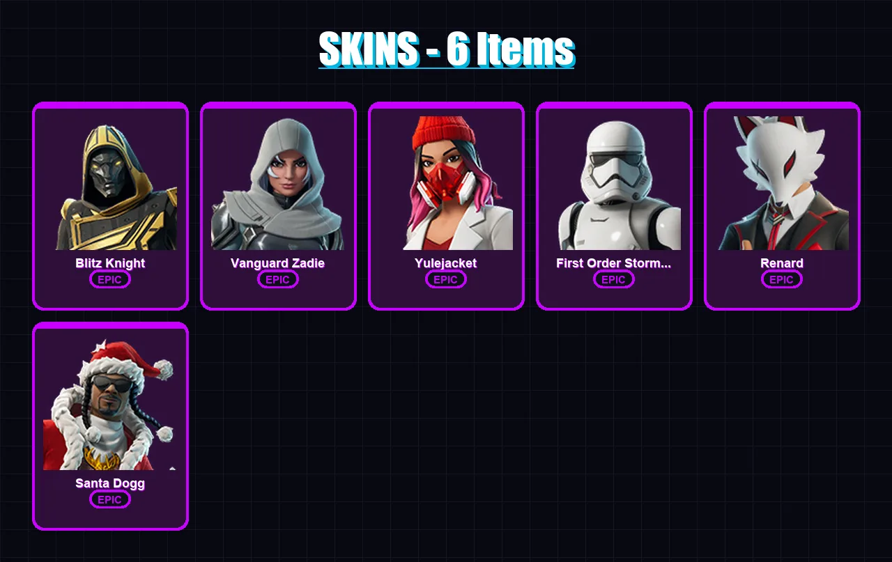 [PC/XBOX/PSN] | Blitz Knight | Vanguard Zadie | Yulejacket | First Order Stormtrooper | Renard | 6 skin | 36 pickaxe | 15 emote | 25 glider | Lv389