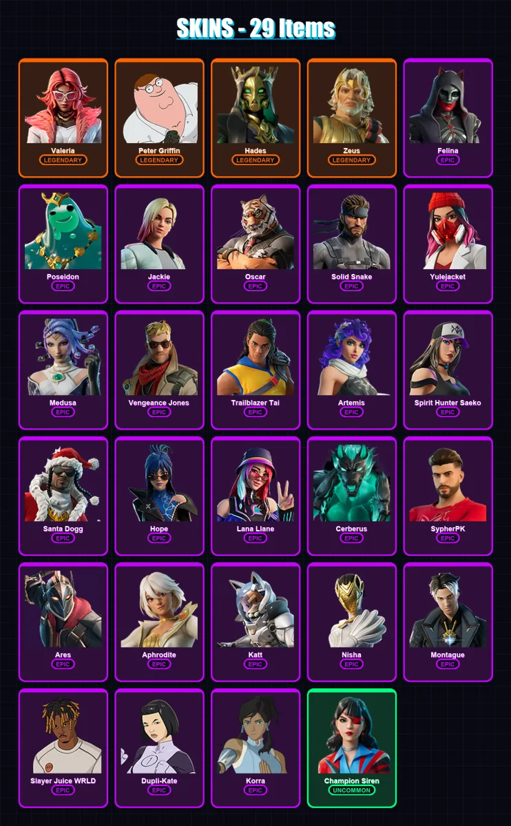 [SWITCH/XBOX/PSN/PC] | Valeria | Peter Griffin | Hades | Zeus | Felina | 29 skin | 68 pickaxe | 50 emote | 43 glider | Lv1256