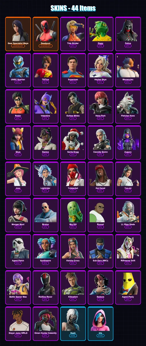 [PC/XBOX/PSN] | Gear Specialist Maya | Deadpool | Tide Strider | Ziggy | Felina | 44 skin | 80 pickaxe | 48 emote | 51 glider | Lv806