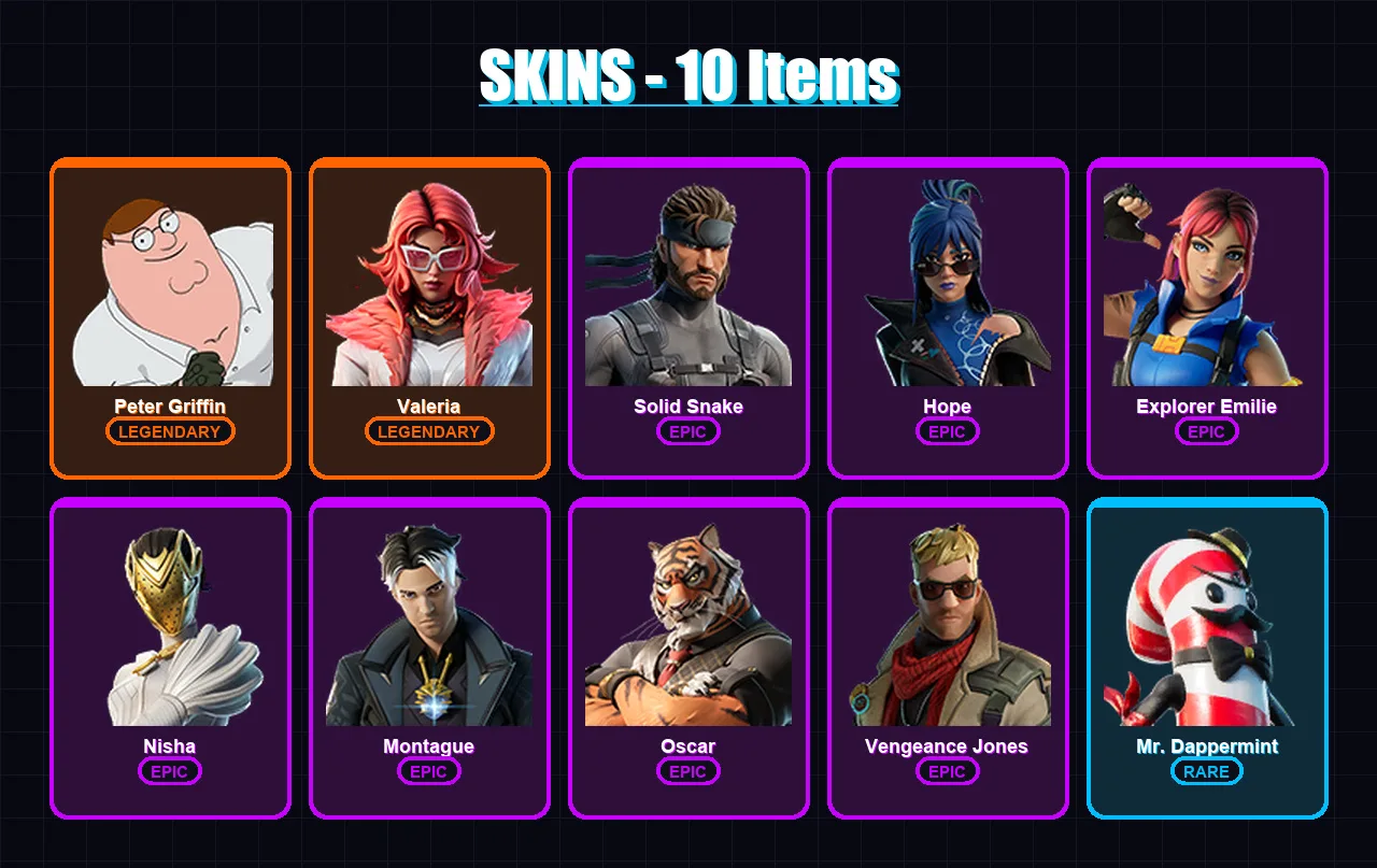 [PC/XBOX/PSN] | Peter Griffin | Valeria | Solid Snake | Hope | Explorer Emilie | 10 skin | 9 pickaxe | 8 emote | 9 glider | Lv91
