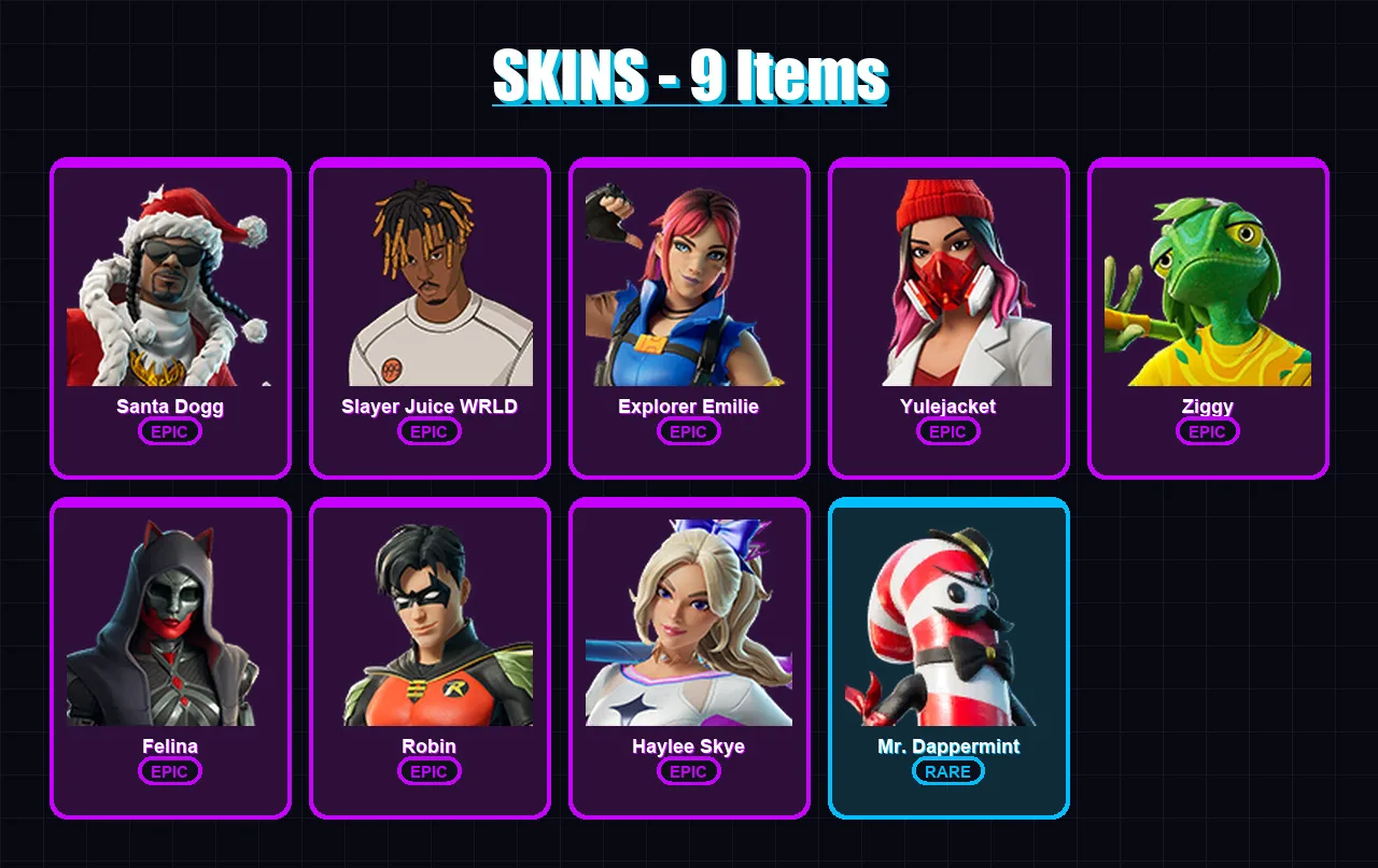 [PC/XBOX/PSN] | Santa Dogg | Slayer Juice WRLD | Explorer Emilie | Yulejacket | Ziggy | 9 skin | 40 pickaxe | 15 emote | 25 glider | Lv458