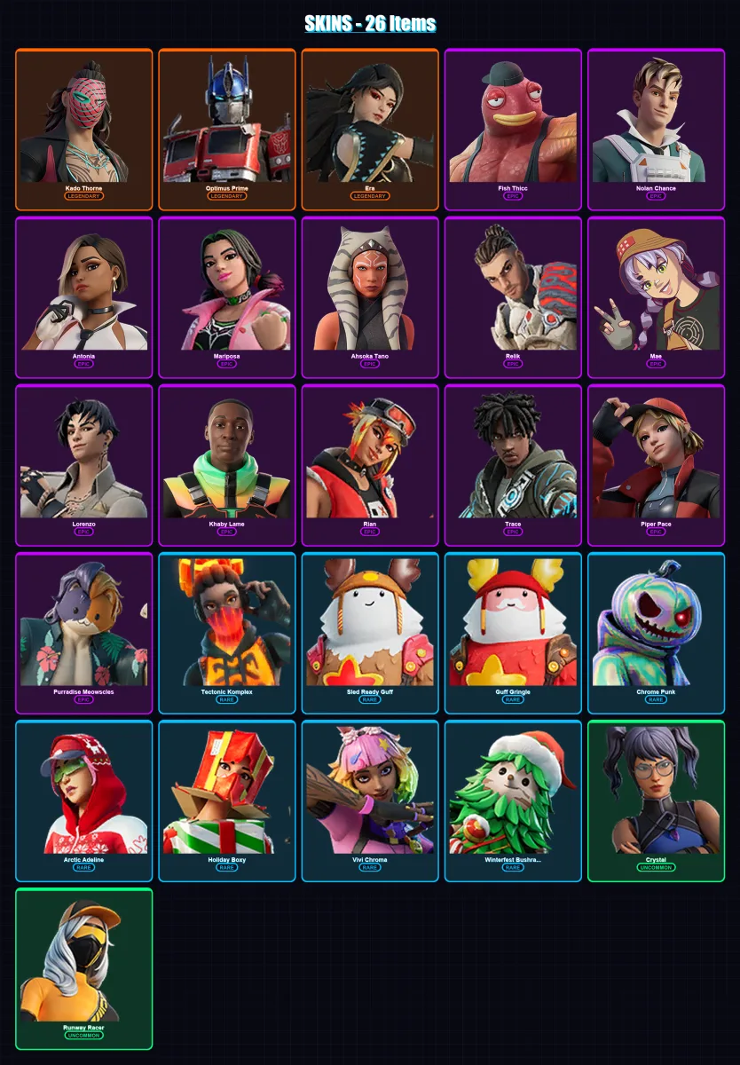 [PC] | Kado Thorne | Optimus Prime | Era | Fish Thicc | Nolan Chance | 26 skin | 50 pickaxe | 45 emote | 48 glider | Lv994