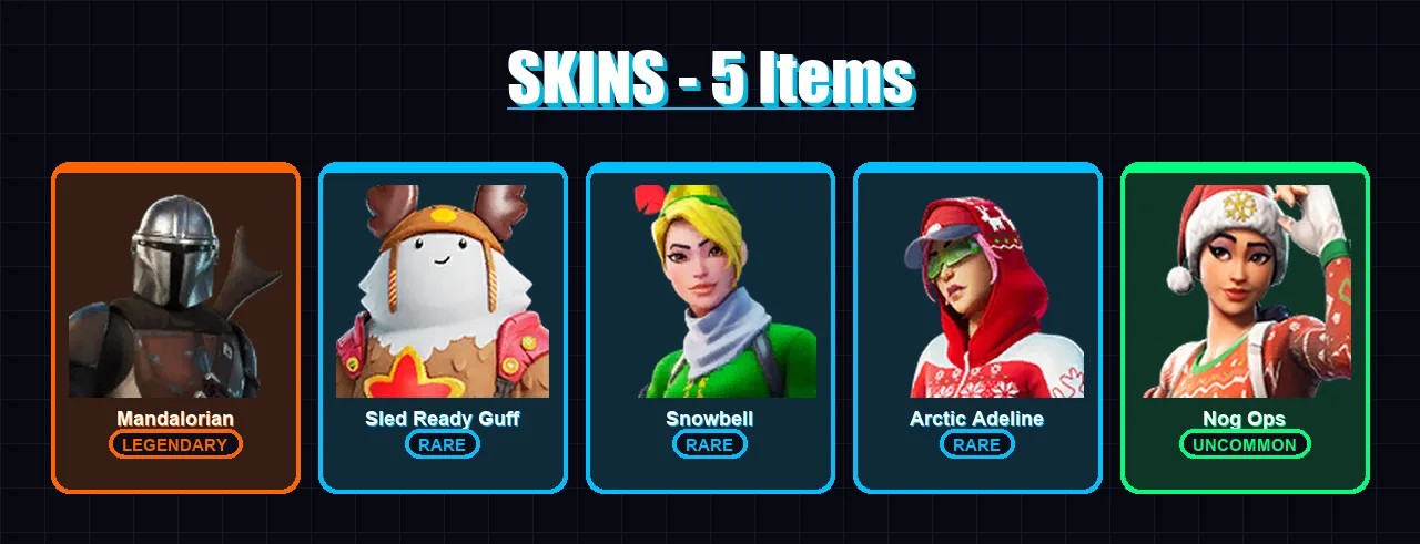 [PS4/PS5/XBOX/PC] | Mandalorian | Sled Ready Guff | Snowbell | Arctic Adeline | Nog Ops | 5 skin | 7 pickaxe | 10 emote | 11 glider | Lv124
