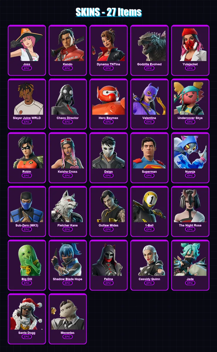 [PC/XBOX/PSN] | Joss | Kendo | Dynamo TNTina | Godzilla Evolved | Yulejacket | 27 skin | 64 pickaxe | 38 emote | 45 glider | Lv511