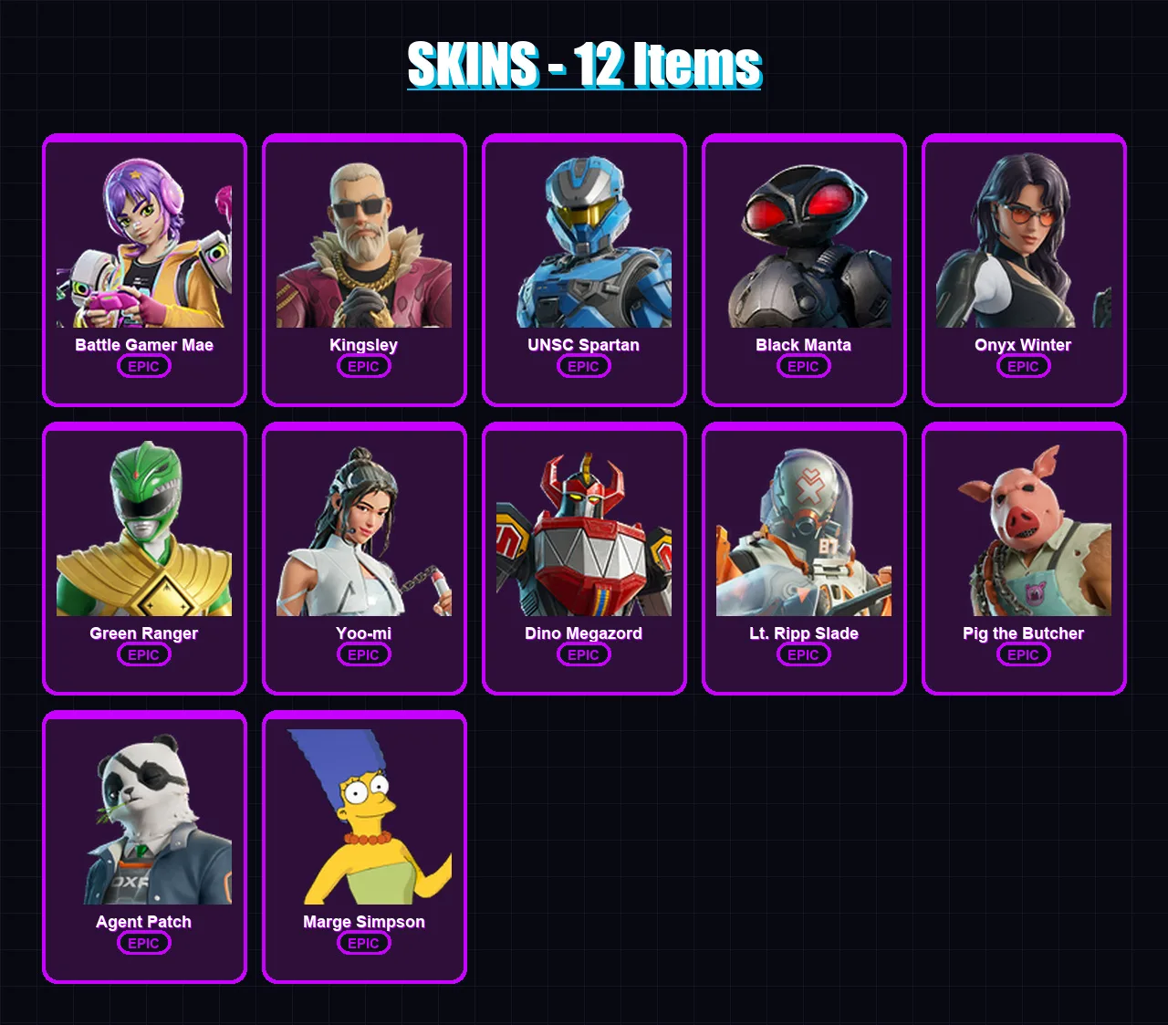 [PS4/PS5/XBOX/PC] | Battle Gamer Mae | Kingsley | UNSC Spartan | Black Manta | Onyx Winter | 12 skin | 54 pickaxe | 32 emote | 33 glider | Lv504