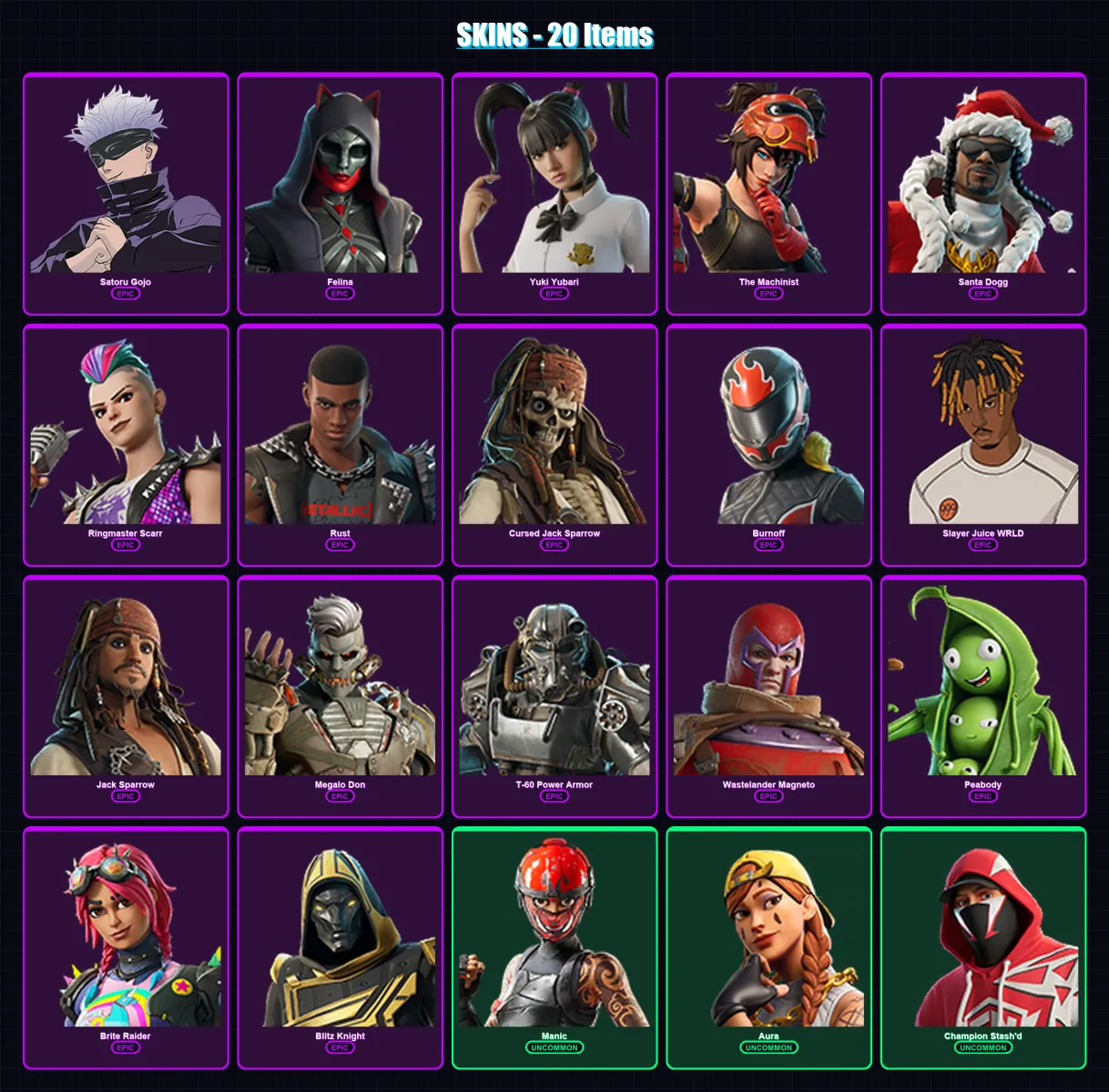 [PC/PSN] | Satoru Gojo | Felina | Yuki Yubari | The Machinist | Santa Dogg | 20 skin | 64 pickaxe | 35 emote | 45 glider | Lv736