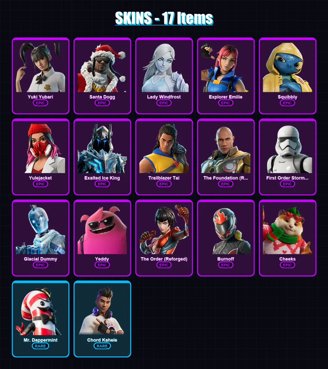 [PC] | Yuki Yubari | Santa Dogg | Lady Windfrost | Explorer Emilie | Squibbly | 17 skin | 51 pickaxe | 19 emote | 35 glider | Lv319