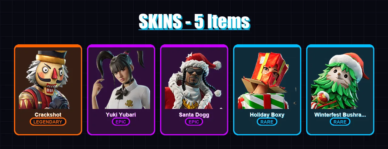 [PS4/PS5/XBOX/PC] | Crackshot | Yuki Yubari | Santa Dogg | Holiday Boxy | Winterfest Bushranger | 5 skin | 15 pickaxe | 6 emote | 11 glider | Lv124