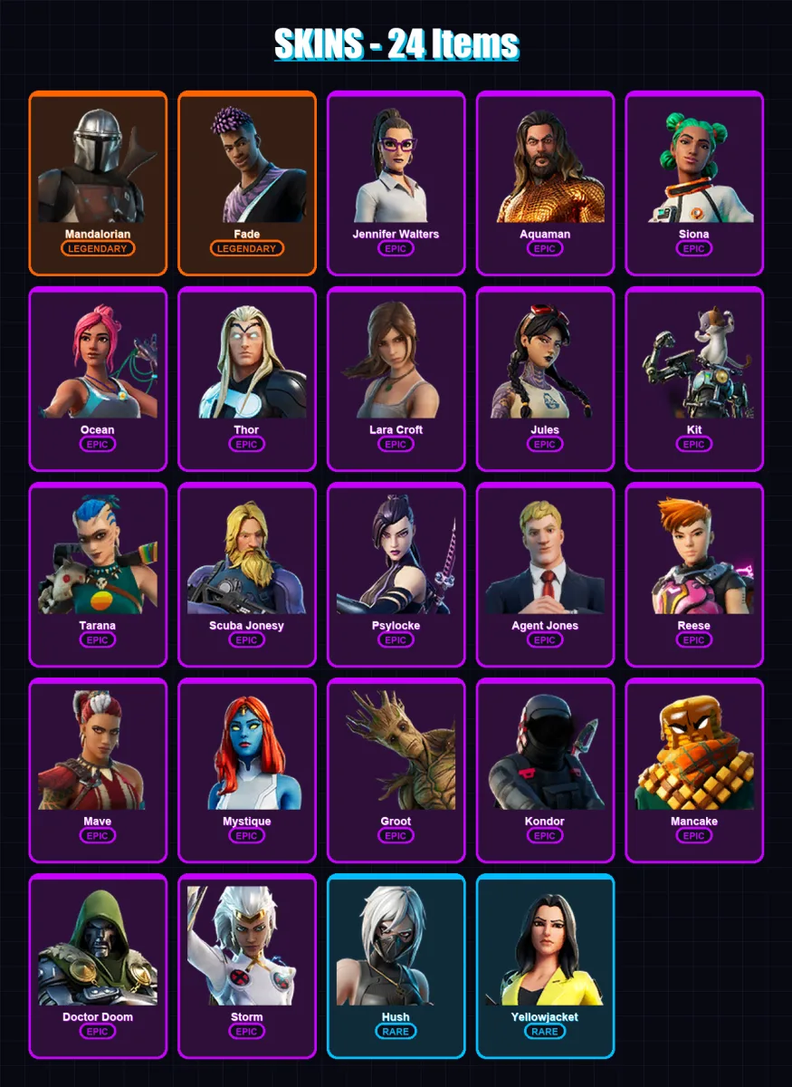 [PS4/PS5/XBOX/PC] | Mandalorian | Fade | Jennifer Walters | Aquaman | Siona | 24 skin | 24 pickaxe | 20 emote | 30 glider | Lv375