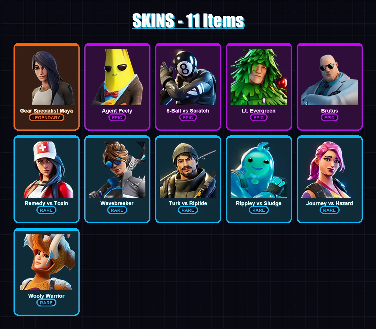 [PC/XBOX/PSN] | Gear Specialist Maya | Agent Peely | 8-Ball vs Scratch | Lt. Evergreen | Brutus | 11 skin | 12 pickaxe | 11 emote | 13 glider | Lv11