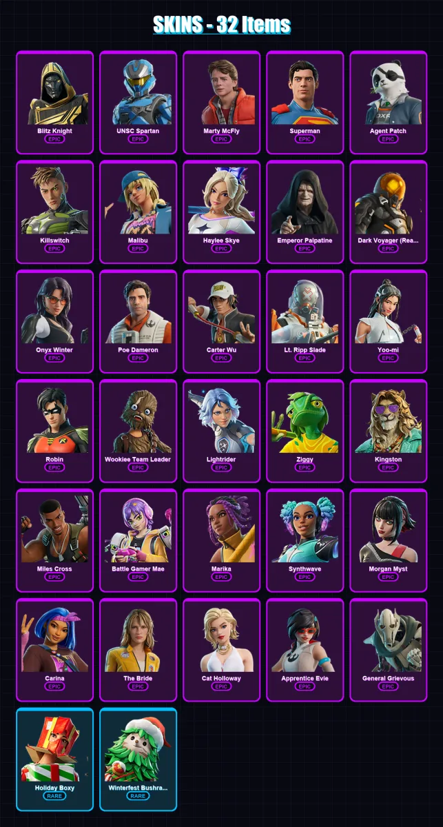 [PC/PSN] | Blitz Knight | UNSC Spartan | Marty McFly | Superman | Agent Patch | 32 skin | 61 pickaxe | 39 emote | 45 glider | Lv719