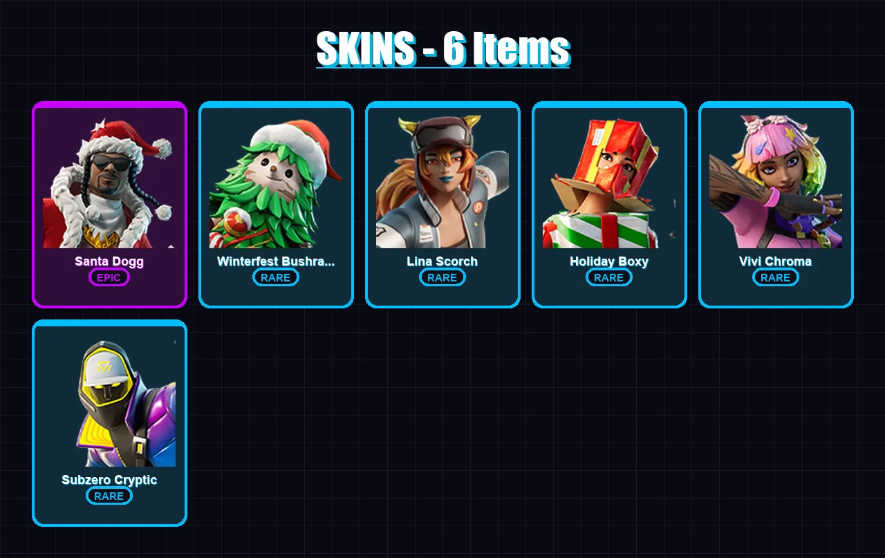 [PS4/PS5/XBOX/PC] | Santa Dogg | Winterfest Bushranger | Lina Scorch | Holiday Boxy | Vivi Chroma | 6 skin | 15 pickaxe | 4 emote | 14 glider | Lv12
