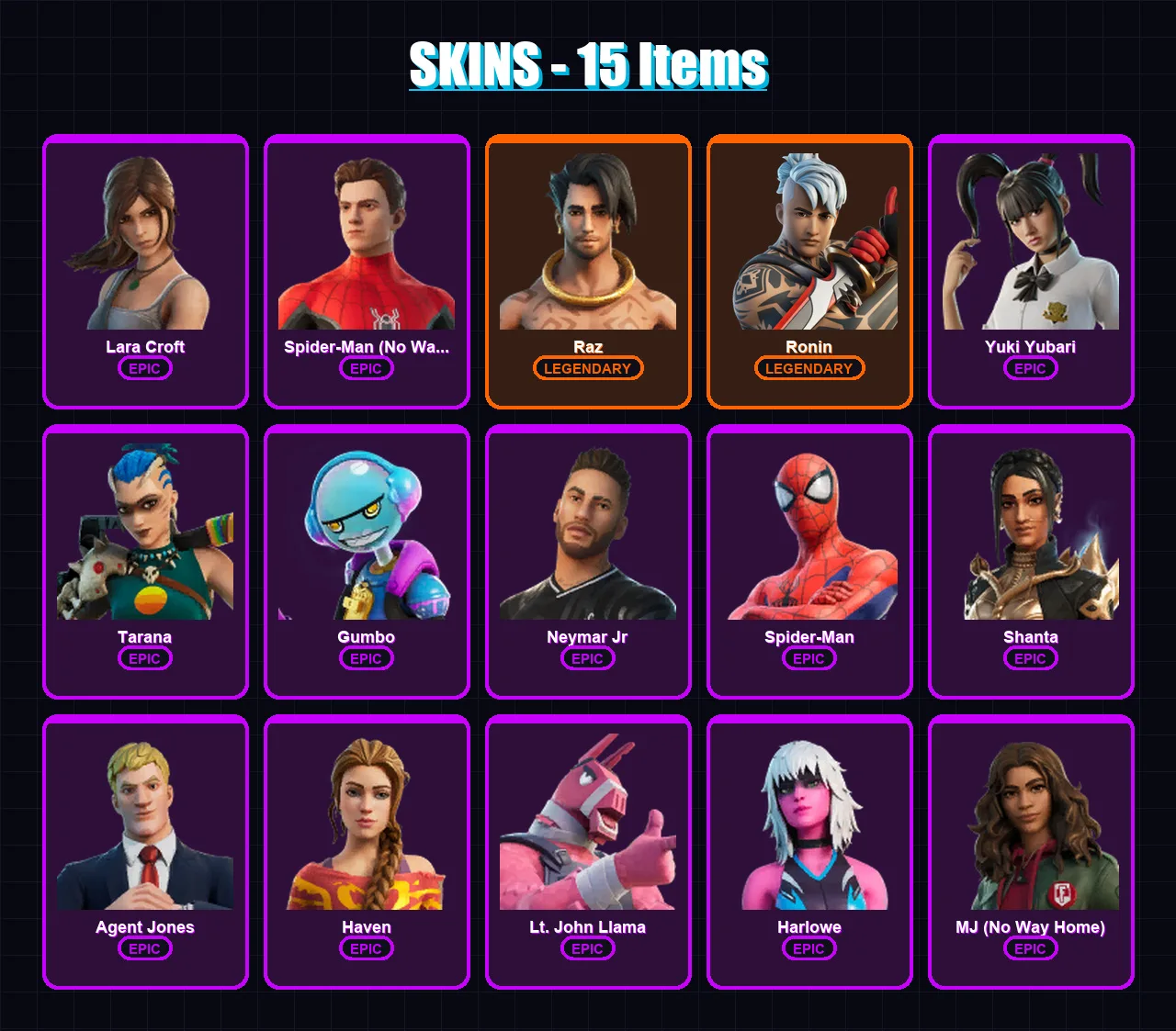 [PC/XBOX/PSN] | Lara Croft | Spider-Man (No Way Home) | Raz | Ronin | Yuki Yubari | 15 skin | 18 pickaxe | 16 emote | 15 glider | Lv193