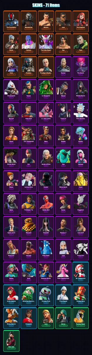 [PC/XBOX] | The Foundation | Mandalorian | Menace | Joey | The Imagined | 71 skin | 94 pickaxe | 67 emote | 93 glider | Lv1837 — Fortnite account