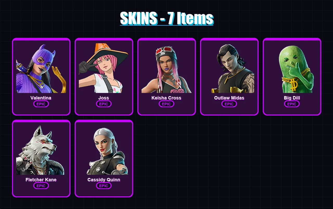 [PC/XBOX] | Valentina | Joss | Keisha Cross | Outlaw Midas | Big Dill | 7 skin | 13 pickaxe | 12 emote | 12 glider | Lv100