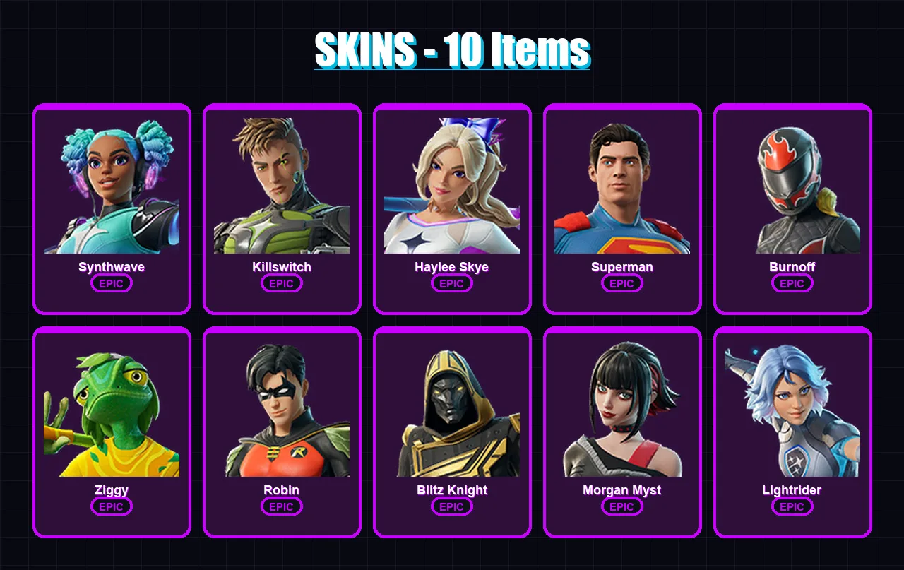 [PC/XBOX/PSN] | Synthwave | Killswitch | Haylee Skye | Superman | Burnoff | 10 skin | 28 pickaxe | 14 emote | 19 glider | Lv348