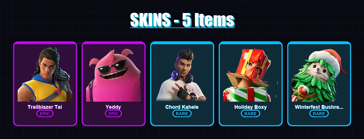 [SWITCH/PC] | Trailblazer Tai | Yeddy | Chord Kahele | Holiday Boxy | Winterfest Bushranger | 5 skin | 24 pickaxe | 10 emote | 18 glider | Lv200
